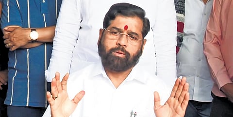 Maharashtra CM Eknath Shinde addresses a press conference in Satara on Sunday.