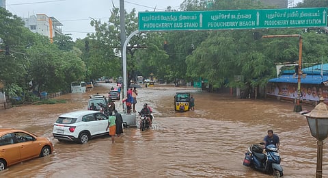 The streets of Puducherry remain inundated as Cyclone Fengal brings massive rainfall to the Union Territory, Sunday, Dec. 1, 2024.