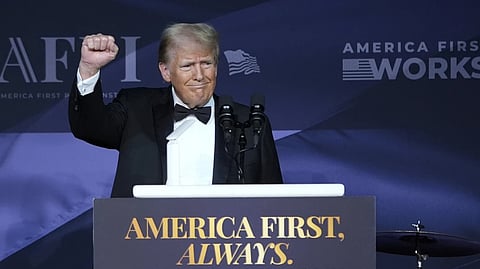 US President-elect Donald Trump gestures after speaking during an America First Policy Institute gala at his Mar-a-Lago estate, Thursday, Nov. 14, 2024, in Palm Beach, Florida.