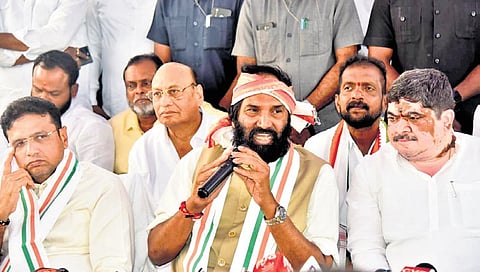 Irrigation Minister N Uttam Kumar Reddy addresses the media in Peddapalli on Sunday