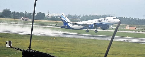 A flight takes off after services resumed at Chennai airport on Sunday