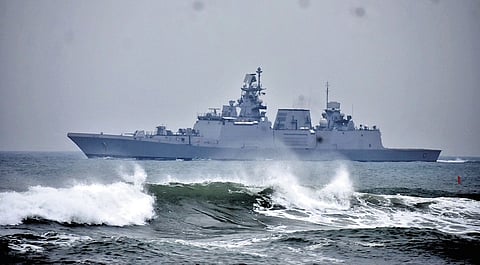 A naval warship anchored off the Puri coast ahead of Navy Day.