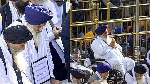 File | Sukhbir Singh Badal and other leaders of the previous SAD government during the hearing of the 'tankhaiya' (guilty of religious misconduct) case by the Akal Takht, in Amritsar, Monday, Dec. 2, 2024.