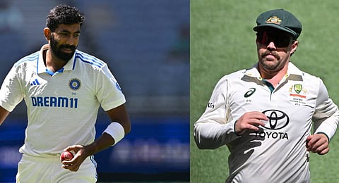 India's pacer Jasprit Bumrah (L) and Australia batter Travis Head