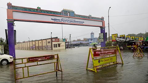 Flooded new bus stand after rains in the aftermath of cyclone Fengal, in Villupuram district.