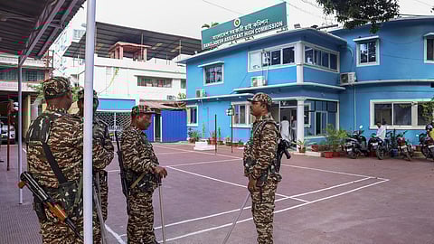 Security personnel keep vigil amid heightened security at the Bangladesh Assistant High Commission in Agartala on December 2, 2024 after protests erupted in Tripura over alleged attacks on Hindus in Bangladesh.