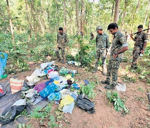 Mulugu Superintendent of Police P Shabarish inspects the scene of Maoists encounter in Mulugu on Sunday
