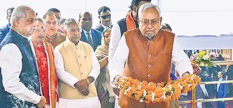 Bihar Chief Minister Nitish Kumar pays tribute to first president Rajendra Prasad on his birth anniversary at his memorial in Patna on Tuesday.