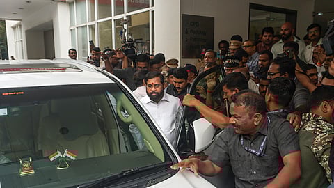 Caretaker Chief Minister of Maharashtra Eknath Shinde leaves after his check-up at Jupiter Hospital, in Thane.