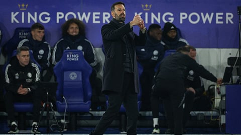 Leicester City's Dutch manager Ruud van Nistelrooy reacts during the English Premier League football match between Leicester City and West Ham United at the King Power Stadium in Leicester, central England on December 3, 2024.