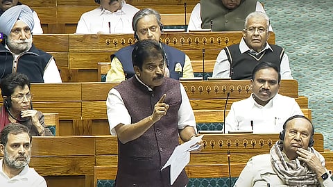 Congress MP KC Venugopal speaks in the Lok Sabha during the Winter session of Parliament, in New Delhi, Tuesday, Dec. 3, 2024.