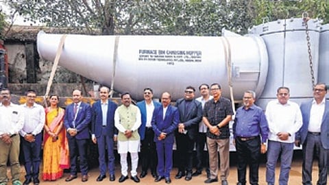 MSME minister Gokulananda Mallik and others near the engineering equipment before its export