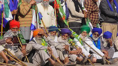 Farmers gather at Shambhu border before the commencement of their 'Delhi Chalo' march towards the national capital, in Patiala district, Punjab.