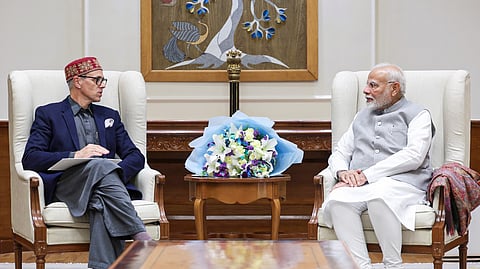 Jammu and Kashmir Chief Minister Omar Abdullah (L) meets Prime Minister Narendra Modi in New Delhi, Oct. 25, 2024.