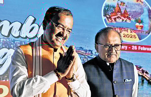 Uttar Pradesh Deputy Chief Minister Keshav Prasad Maurya, former cabinet minister Sidharth Nath Singh during the press meet on Mahakumbh-2025 in Hyderabad