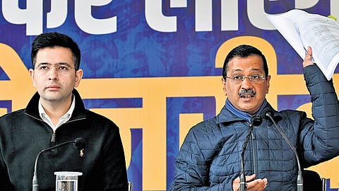 AAP chief Arvind Kejriwal at a press conference in New Delhi on Friday