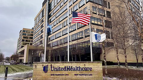 The UnitedHealthcare headquarters in Minnetonka, Minn., lowered its flags to half-staff on Wednesday, Dec. 4, 2024, in honor of CEO Brian Thompson, who was fatally shot outside a hotel in New York.