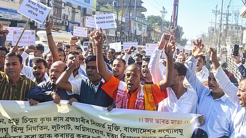 Hindu groups protest against the arrest of ISCKON monk Chinmoy Das in Guwahati, Assam, Nov. 30, 2024.
