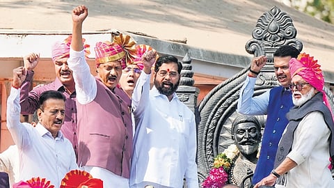 Maharashtra Chief Minister Devendra Fadnavis, Deputy CM Eknath Shinde and Ajit Pawar and others pay tribute to Chhatrapati Shivaji Maharaj, in Mumbai.