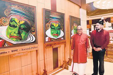 Kalamandalam Gopi Asan visits the business jet terminal at Kochi airport where the works of artist Mopasang Valath, who captured the maestro’s Navarasas on canvas, are on display