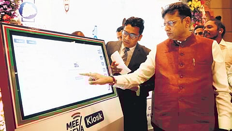 IT & Industries Minister D Sridhar Babu inaugurates the MeeSeva kiosk in Hyderabad on Sunday.