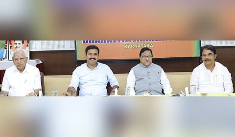BJP leaders (from left) BS Yediyurappa, BY Vijayendra, Radha Mohan Das Agarwal, and R Ashoka at the party’s Core Committee meeting in Bengaluru on Saturday.