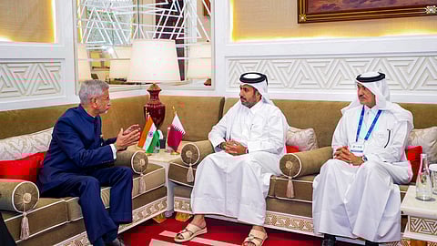 External Affairs Minister S Jaishankar meets Qatari Minister of Commerce Sheikh Faisal bin Thani bin Faisal Al Thani and MoS Ahmed Al Sayed in Doha.