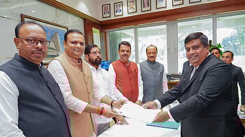 Maharashtra Chief Minister Devendra Fadnavis, Deputy Chief Ministers Ajit Pawar and Eknath Shinde and BJP Maharashtra President Chandrashekhar Bawankule during the nomination filing of party MLA Rahul Narwekar as Speaker of the Maharashtra Legislative Assembly at Vidhan Bhavan, in Mumbai.