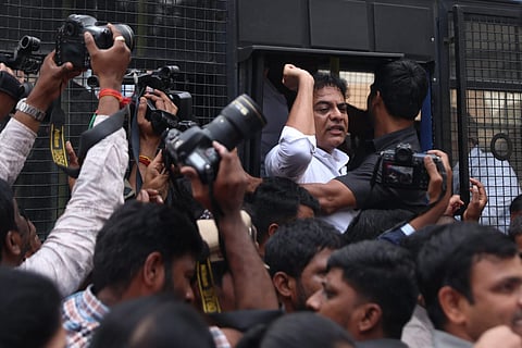 BRS working president KT Rama Rao was detained by cops while he, along with party MLAs tried to enter the assembly with a t-shirt 'Revanth Adani Bhai Bhai' in Hyderabad