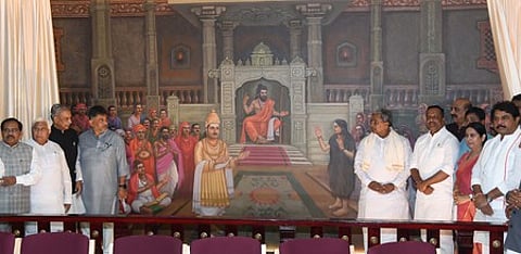 Chief Minister Siddaramaiah with DCM DK Shivakumar, Speaker UT Khader, Council Chairman Basavaraj Horatti and others unveils a painting of Anubhava Mantapa at Suvarna Soudha in Belagavi. (Image used for representative purposes)