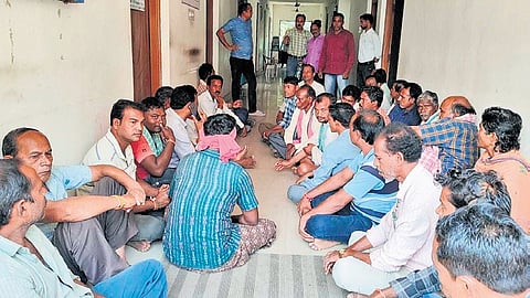Farmers staging protest outside the office of Bargarh chief CSO on Tuesday