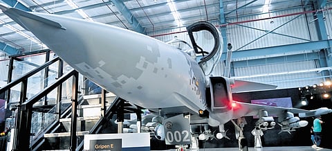 Saab unveils a full-scale replica of its Gripen E fighter jet in Bengaluru on Tuesday