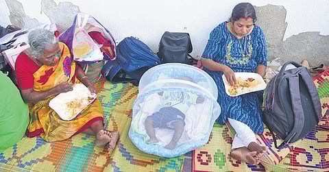 Thanthonni Thuruthu residents protesting near the GIDA office on Tuesday after seawater entered their houses and courtyards