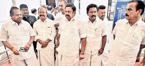 AIADMK MLAs led by EPS coming out of the Assembly on Tuesday | P Jawahar