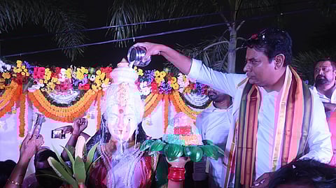BRS working president KT Rama Rao inaugurates the Telangana Talli statue at Medchal.