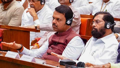 Maharashtra Chief Minister Devendra Fadnavis and Deputy Chief Minister Eknath Shinde listen to Governor C.P. Radhakrishnans address during a joint session of both houses of the State Legislature, at Vidhan Bhavan, in Mumbai, Monday.