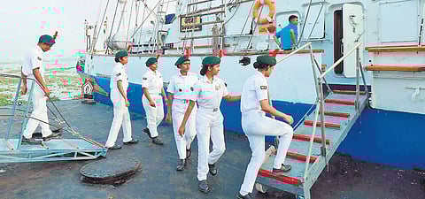 NCC cadets from Kerala and Lakshadweep boarding Navy’s training vessel INS Tarangini as part of a week-long sailing expedition in Kochi.