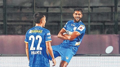 Chennaiyin FC players celebrate after the goal on Wednesday.