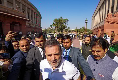 Leader of Opposition in the Lok Sabha and Congress MP Rahul Gandhi talks to the media during the Winter session of Parliament, in New Delhi, Wednesday, Dec. 11, 2024.