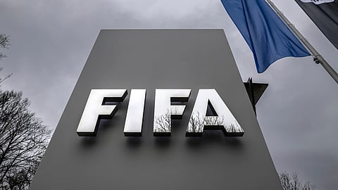 A sign of the soccer association FIFA is seen at the headquarters in Zurich, Switzerland, Wednesday, Dec. 11, 2024.