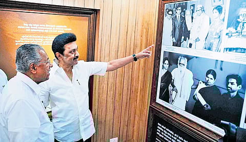 Chief Minister Pinarayi Vijayan and his Tamil Nadu counterpart M K Stalin visit the new library at the Thanthai Periyar memorial in Vaikom on Thursday