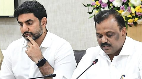 Minister for Revenue Anagani Satya Prasad (R) with Minister for HRD and IT Nara Lokesh.