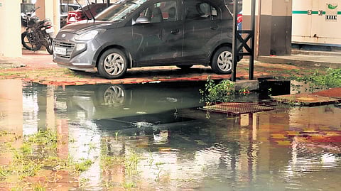Sewage water accumulates in the parking area of Mystic Heights in Vyttila.