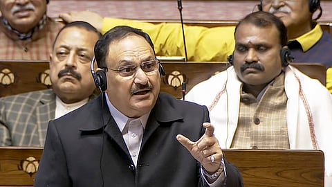 Union Minister JP Nadda speaks in the Rajya Sabha on Thursday.