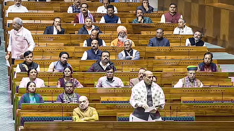Defence Minister Rajnath Singh speaks during a discussion on 75th anniversary of the adoption of the Constitution of India in the Lok Sabha during the Winter session of Parliament, in New Delhi.