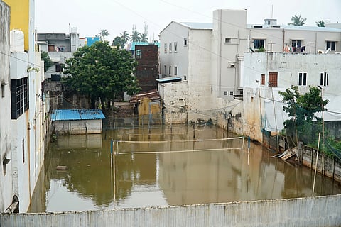 Water logged play ground at perumal Kovil extension street in Puducherry.
