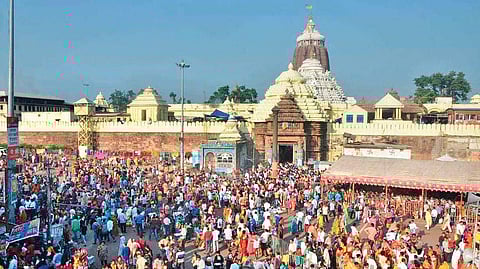 Devotees outside Jagannath temple in Puri.