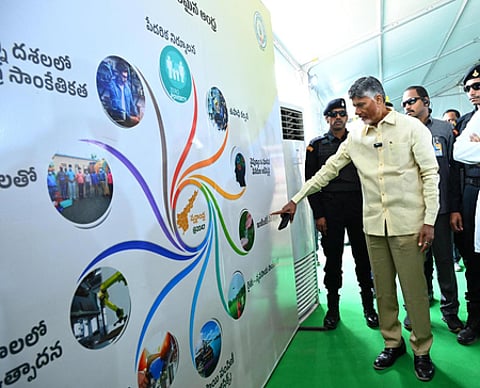 CM Nara Chandrababu Naidu, deputy CM Pawan Kalyan and other ministers during the unveiling of Swarna Andhra @ 2047 at IGMC stadium in Vijayawada