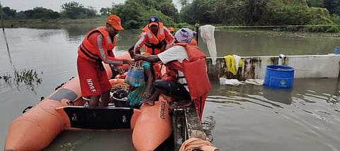 NDRF team rescued four people and 38 livestock inundated in Thakkolam area following heavy rains on Thursday in Ranipet
