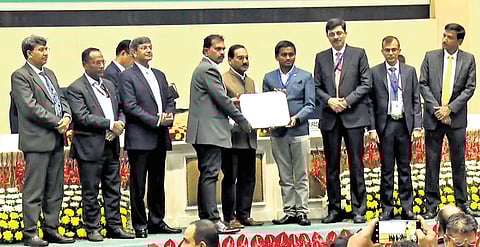 Brij Mohan Meena, principal chief electrical engineer of SCR, receives the first prize for the Renigunta Railway Station in New Delhi on Saturday